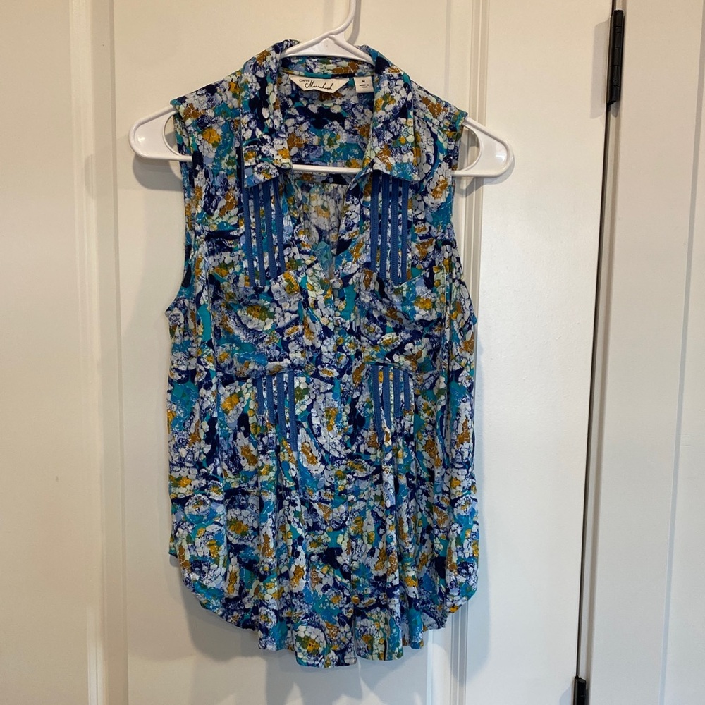 Vibrant Floral Sleeveless Blouse - Blue and White